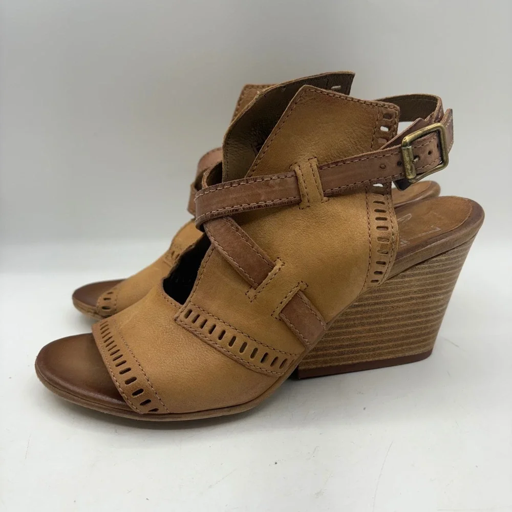 Miz Mooz Tan Leather Wedge Sandals Perforated Caged Strappy‎ Open Toe Shoes 40
